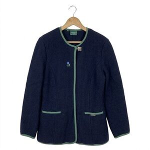 Geiger 100% Wool Navy Blue Floral Embroidered Button Front Blazer Size 10 Medium